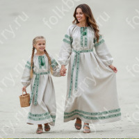 Платье Берегиня, небеленый лен с зеленым